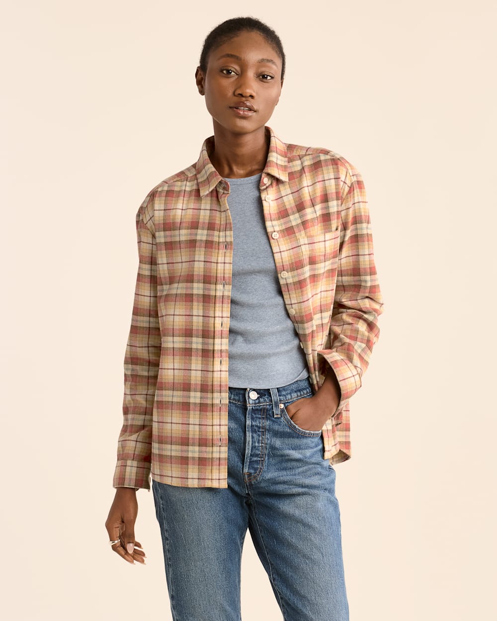 PENDLETON WOMEN'S PLAID BOYFRIEND DOUBLEBRUSHED FLANNEL SHIRT- RUST NAVY OMBRE