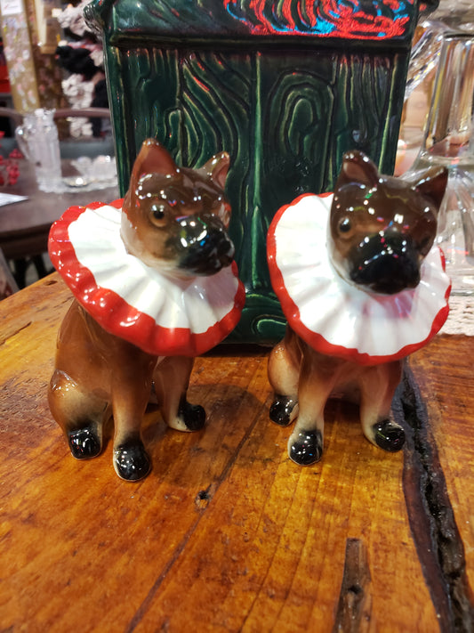 Pair of Boxer Dog figurines with frilled collars