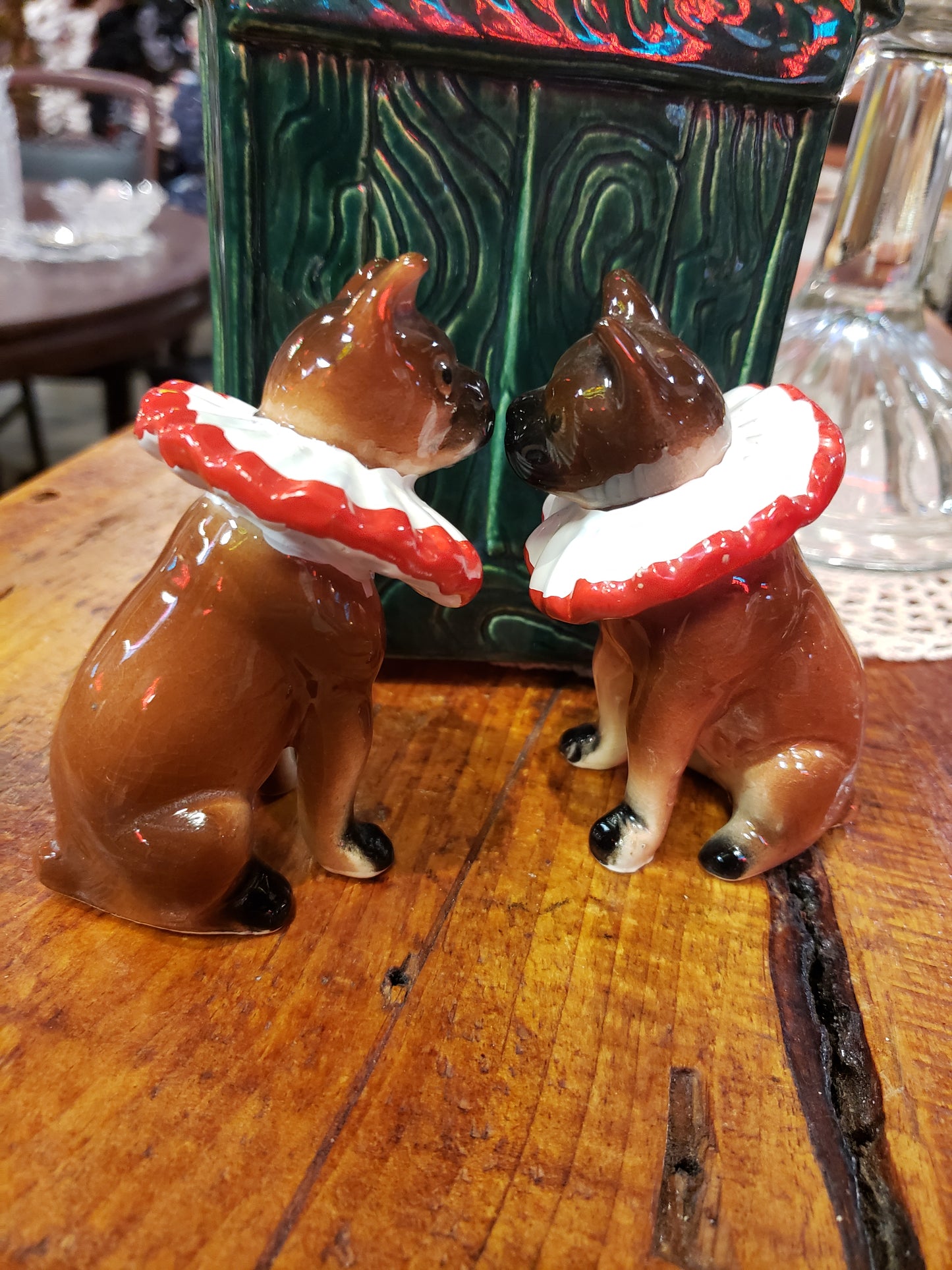 Pair of Boxer Dog figurines with frilled collars