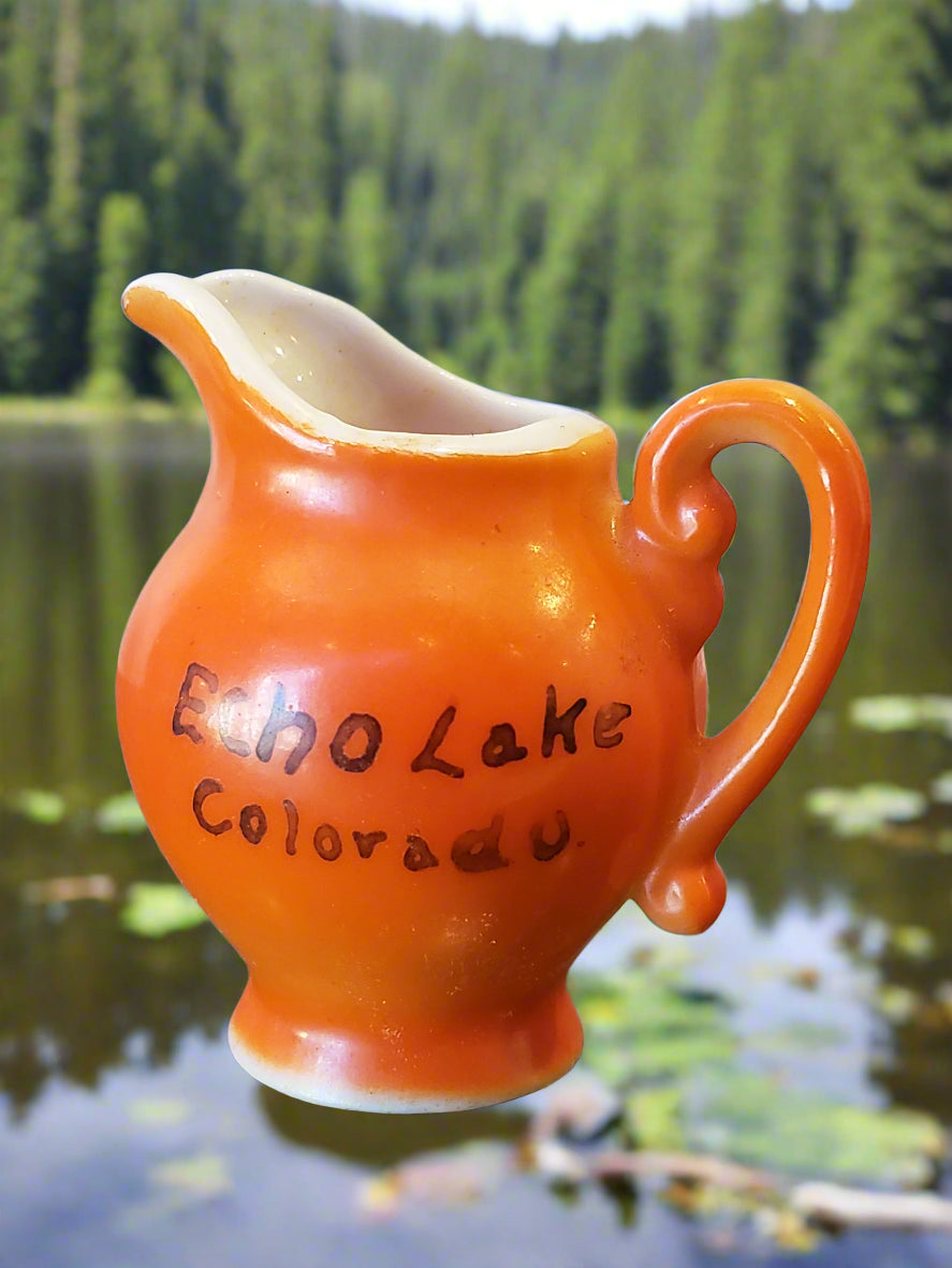 Echo Lake Colorado orange porcelain souvenir pitcher
