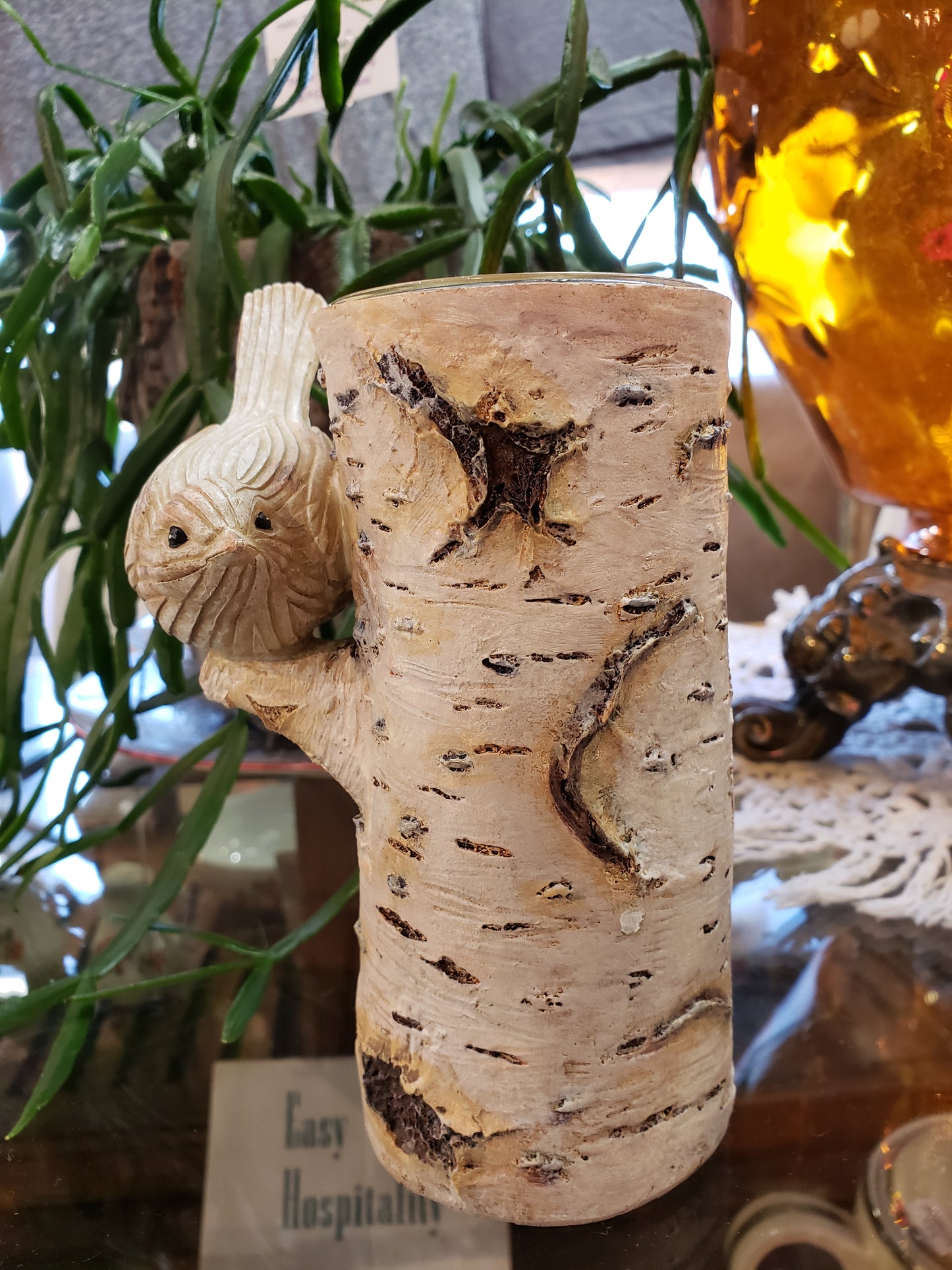 Bird on birch tree resin candleholder