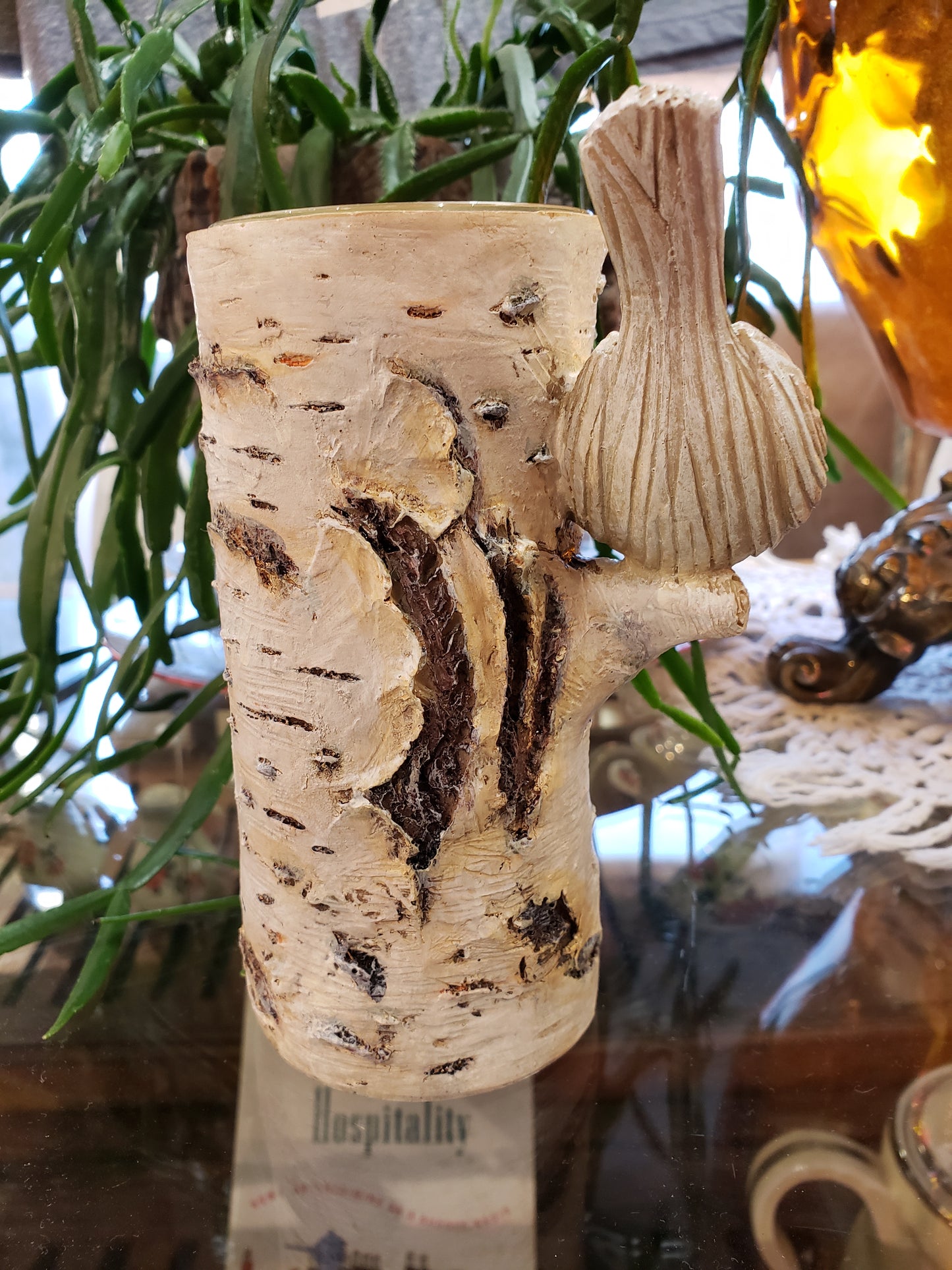 Bird on birch tree resin candleholder