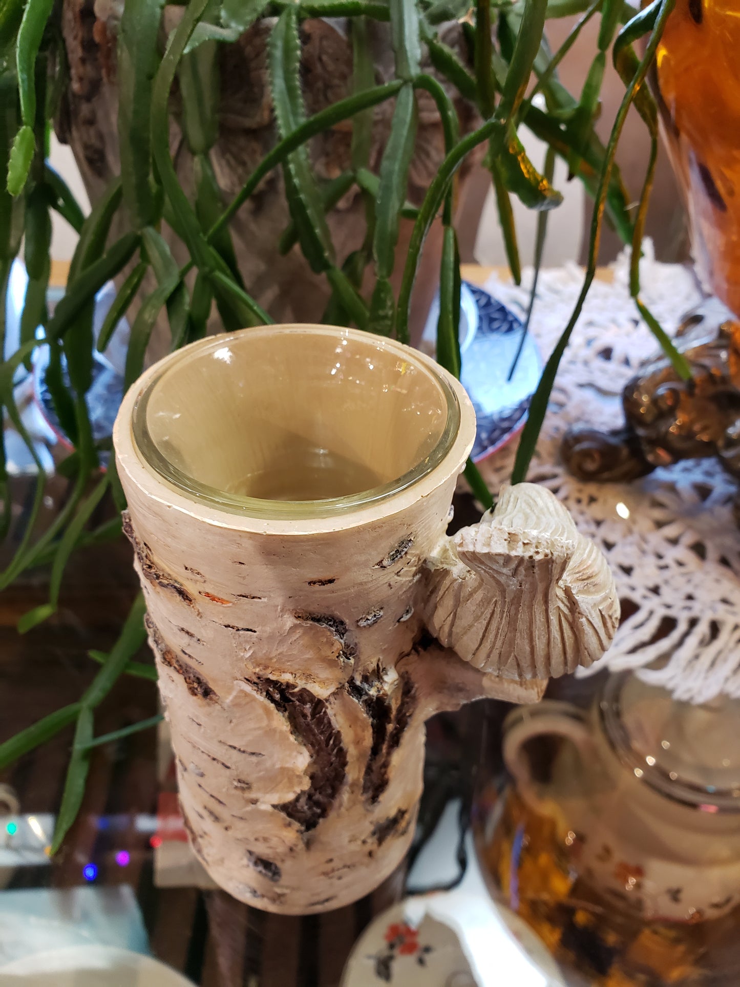 Bird on birch tree resin candleholder