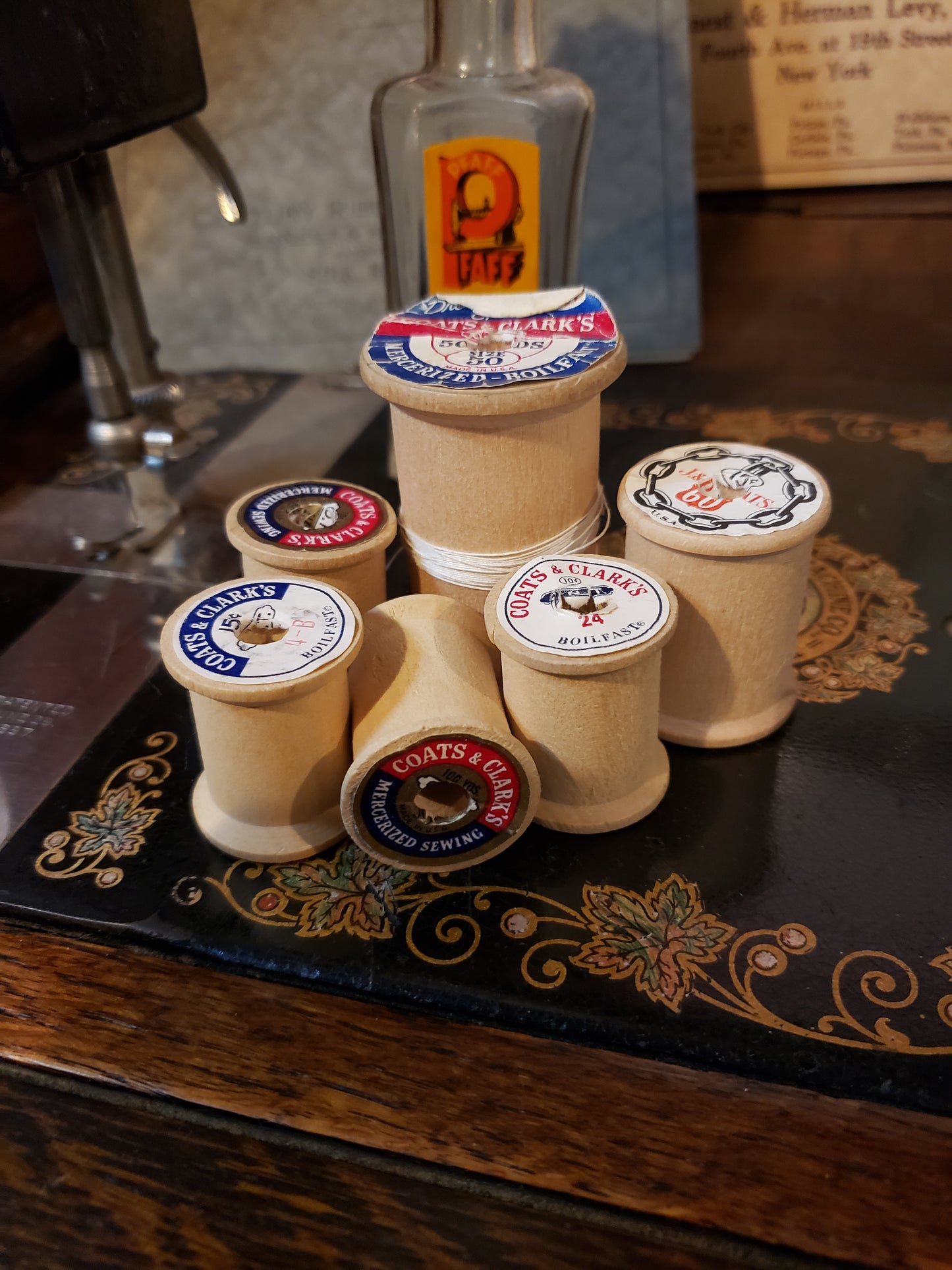 6 vintage wooden thread spools