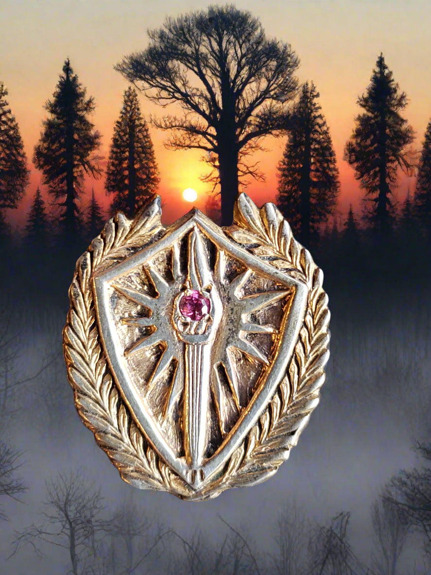 Shield and flame tie tack