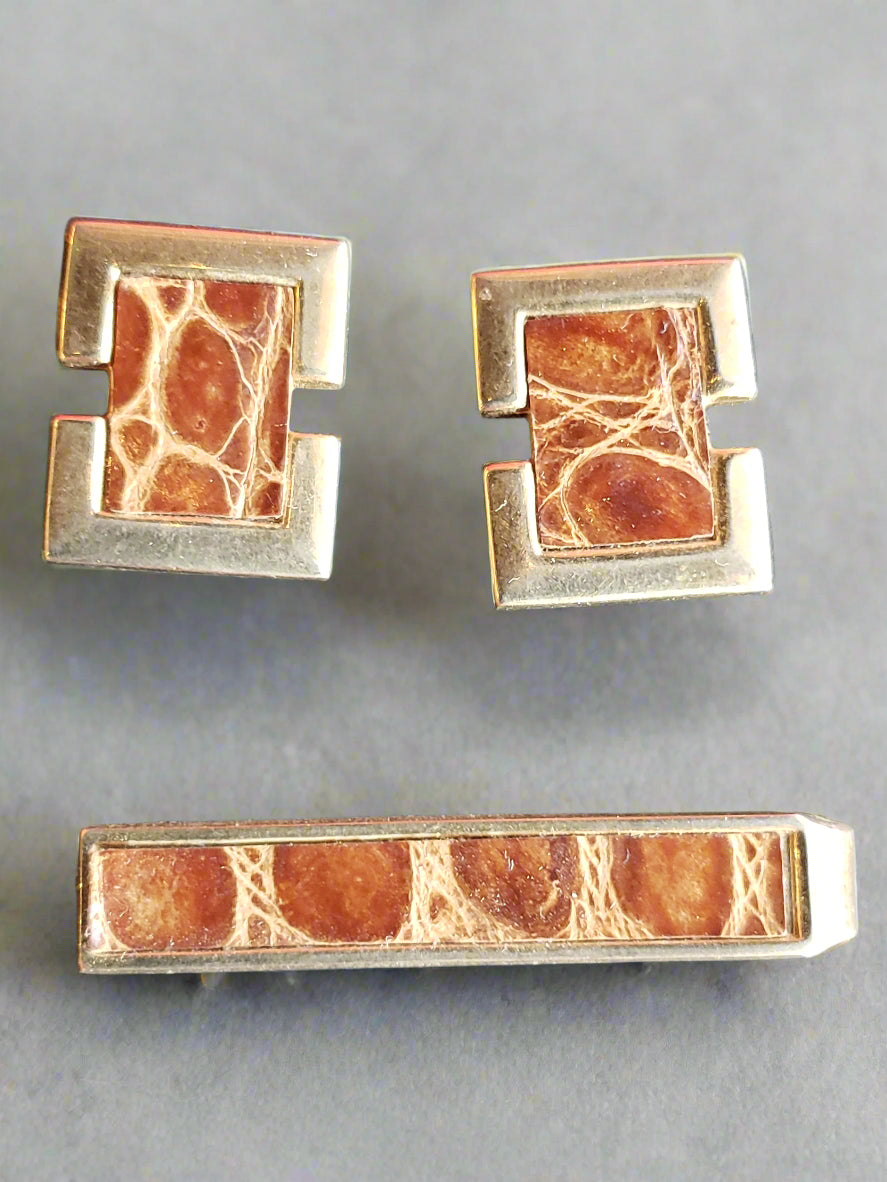 Shields Leather and Brass cuff link tie bar set