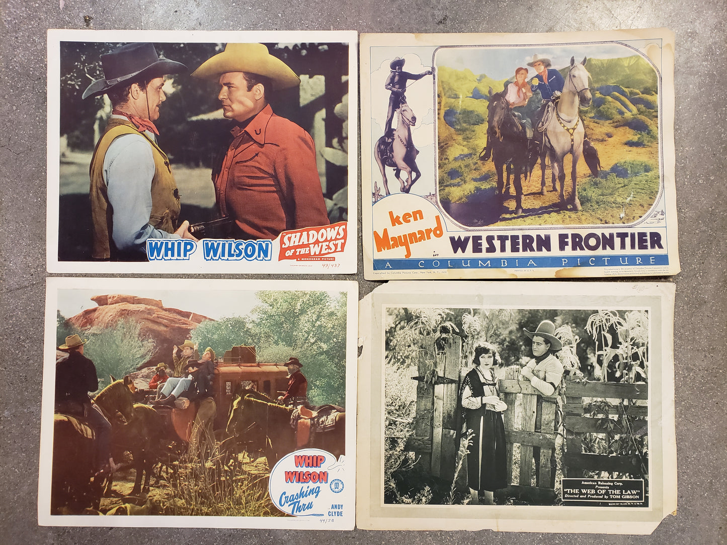 Set of 4 Movie Lobby Cards (Whip Wilson, Ken Maynard, Tom Gibson)