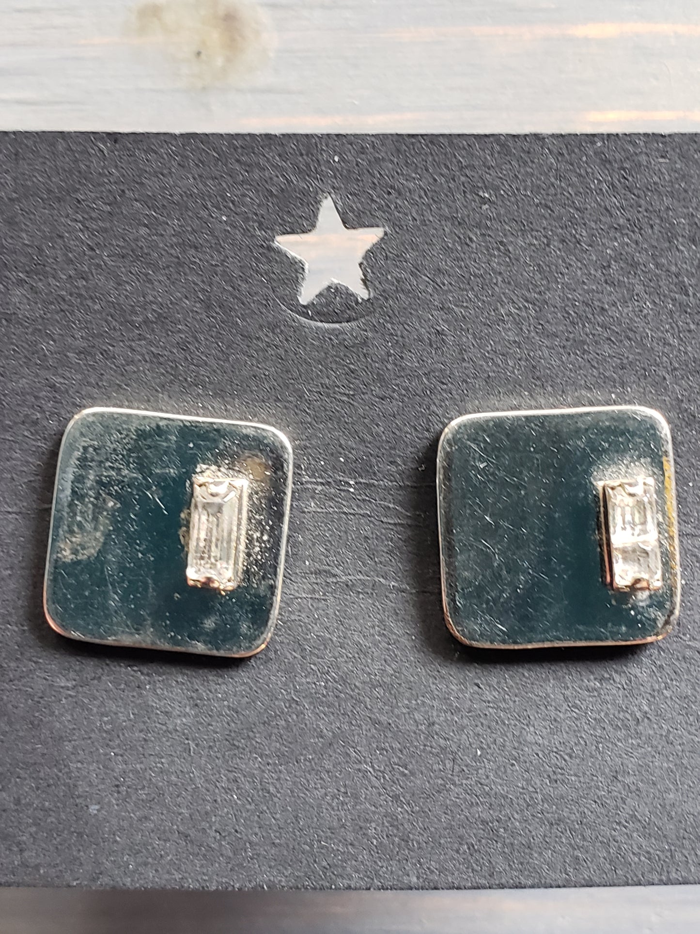 Square silver cuff links with faceted rectangular clear stone