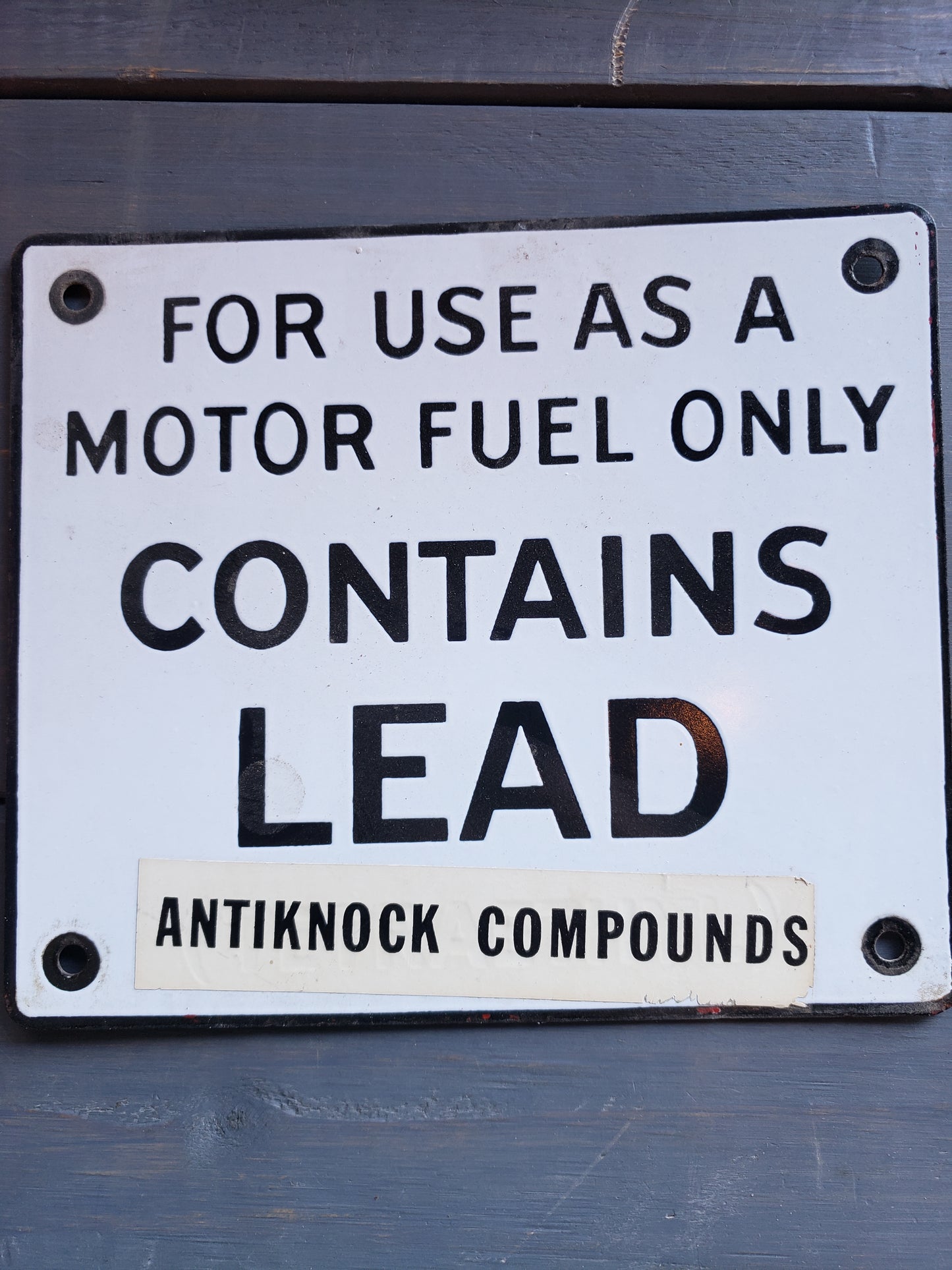 Original 1950s gas pump plate "CONTAINS LEAD "