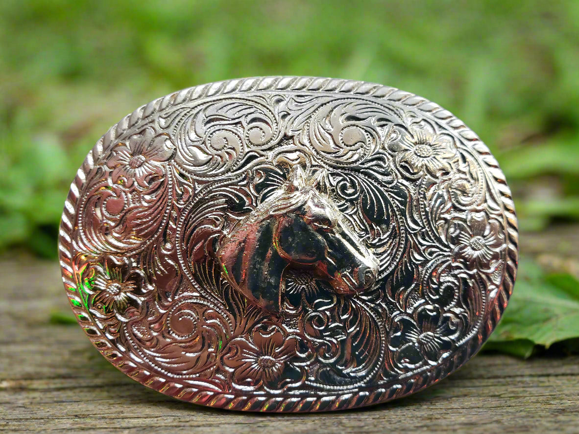 Horse Head Silver Tone Scrollwork belt buckle