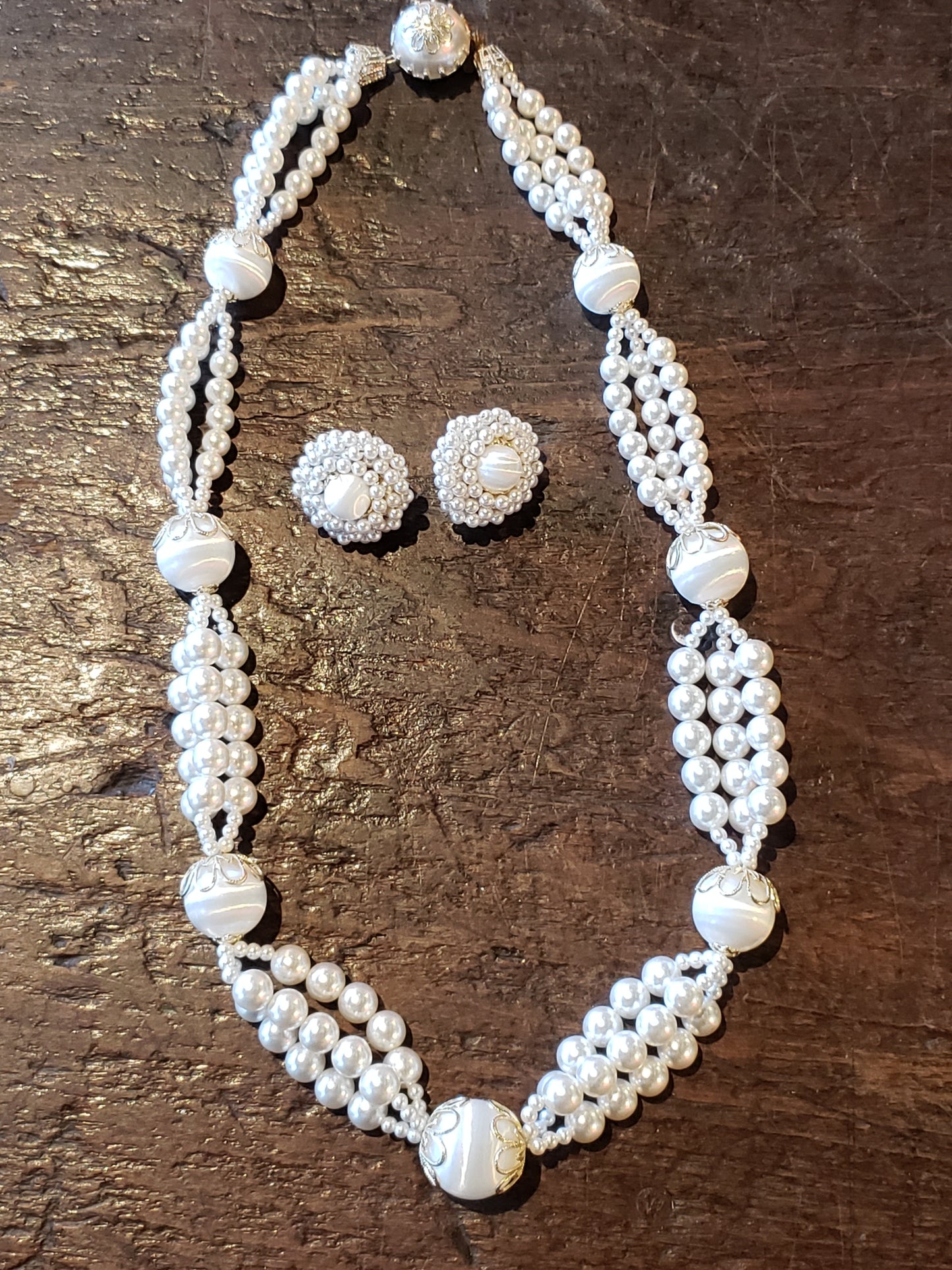 Vintage White Beaded Clip Earrings and Necklace set