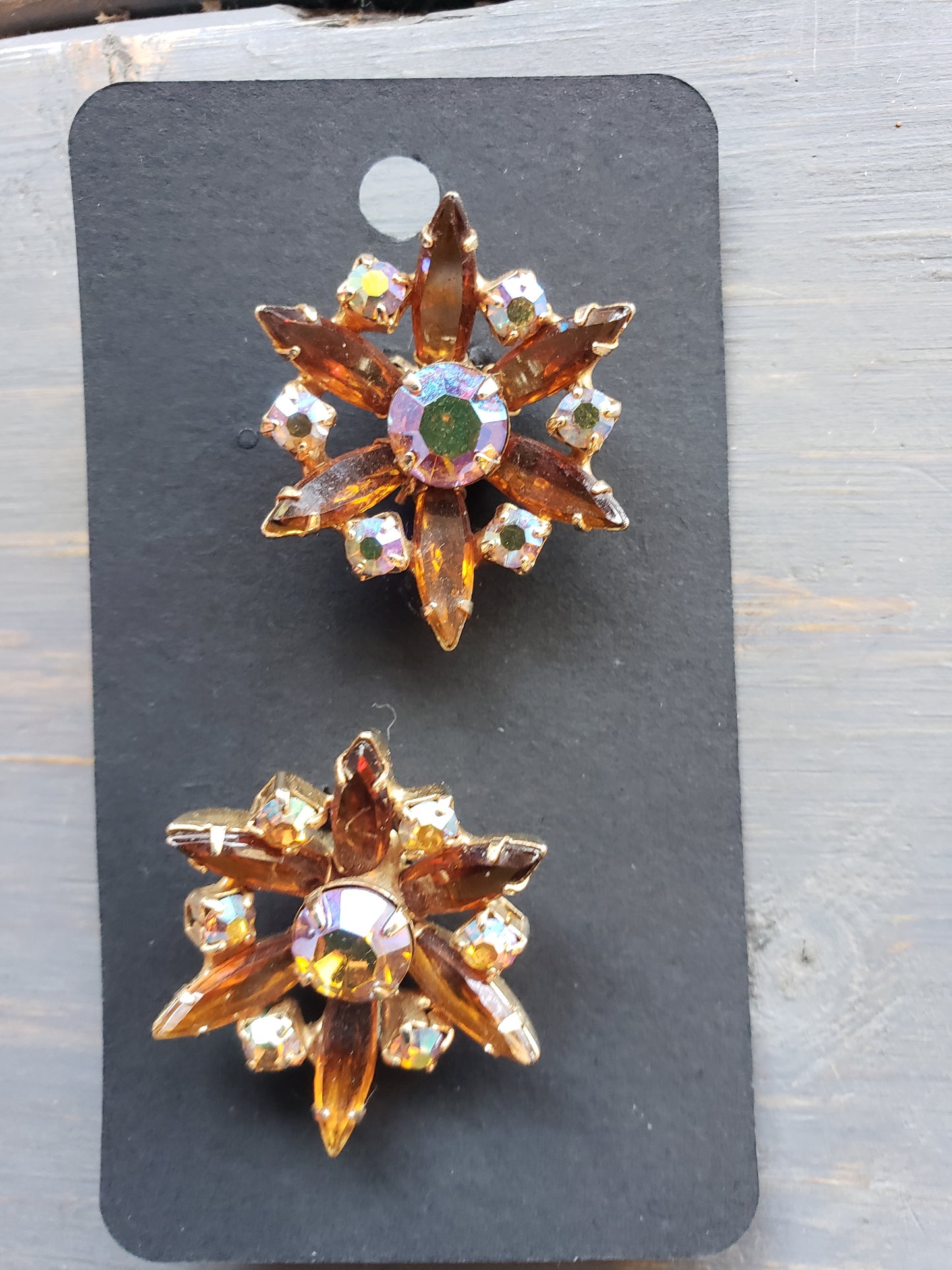 Amber and clear rhinestone flower clip on earrings vintage
