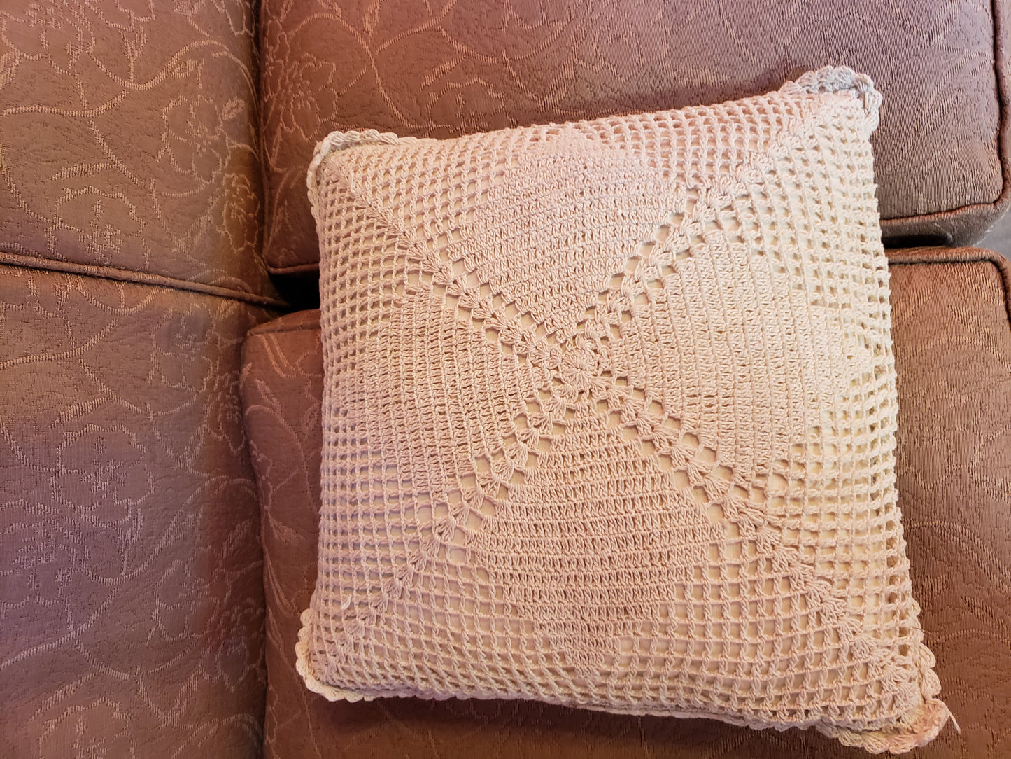 Vintage Muslin Pillow with Crochet Overlay 15" square