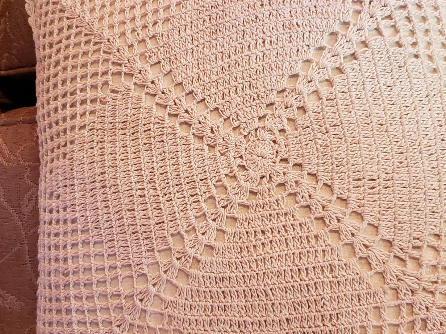 Vintage Muslin Pillow with Crochet Overlay 15" square