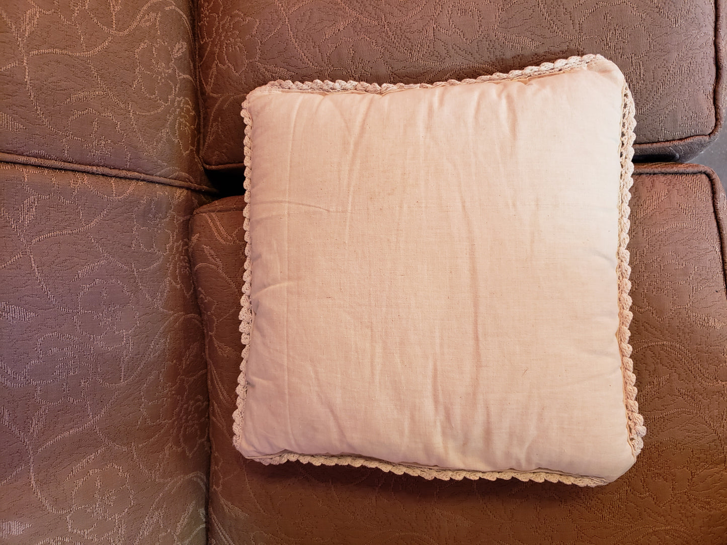 Vintage Muslin Pillow with Crochet Overlay 15" square