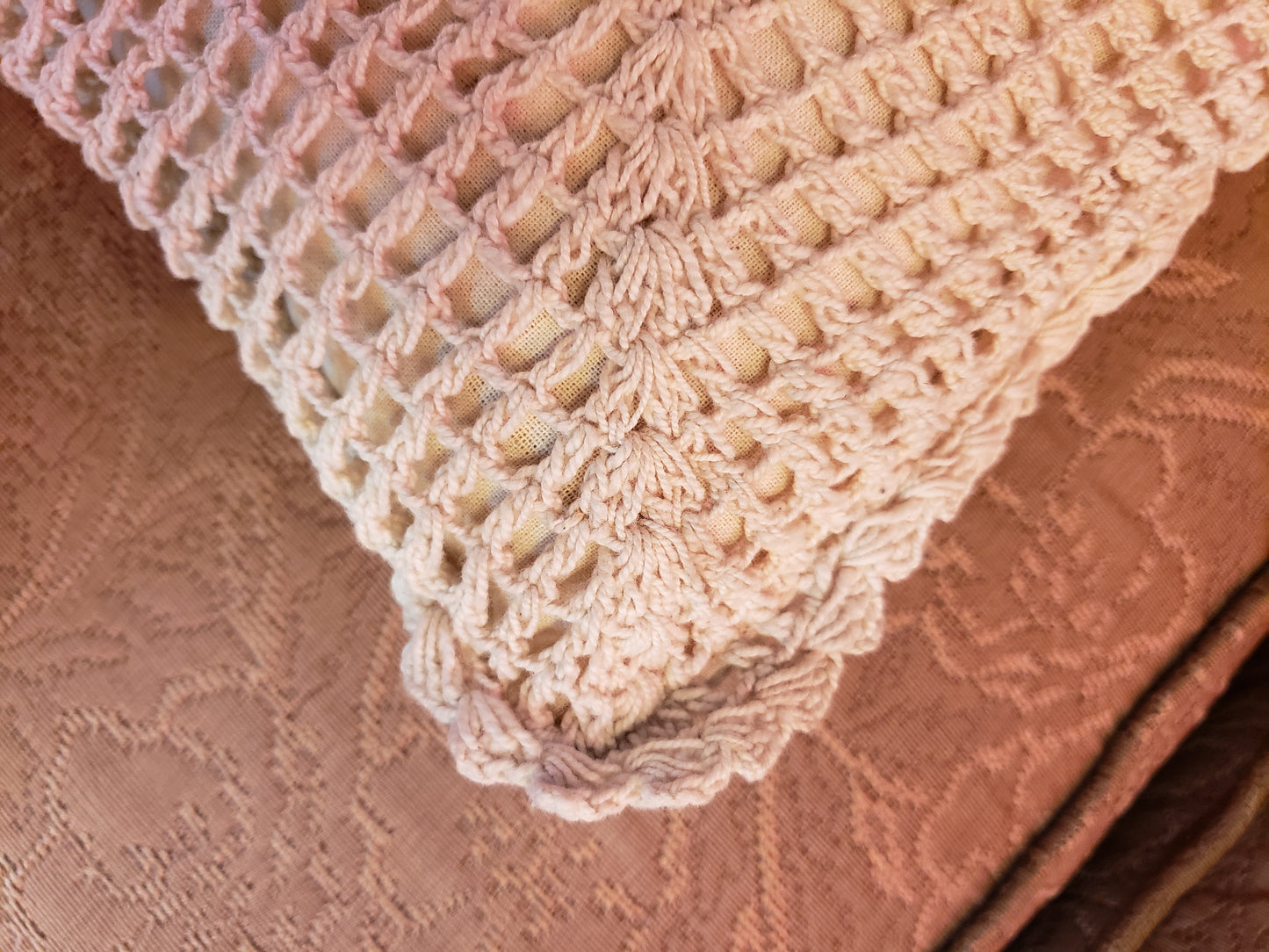 Vintage Muslin Pillow with Crochet Overlay 15" square