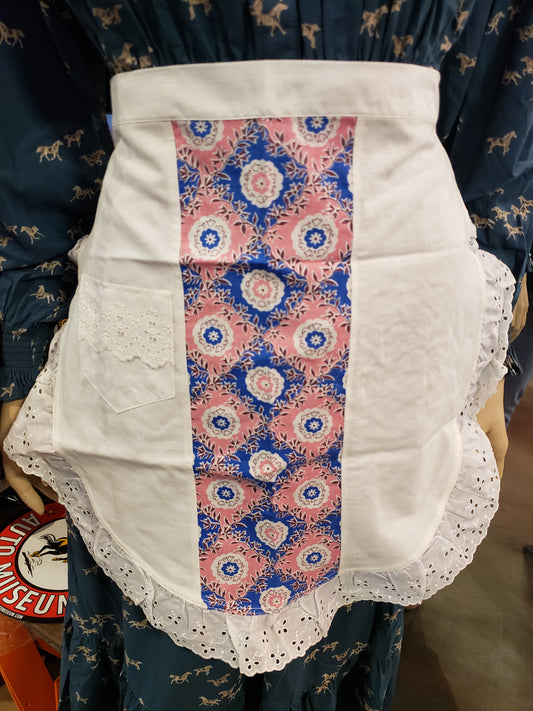 White pink blue vintage apron with eyelet trim