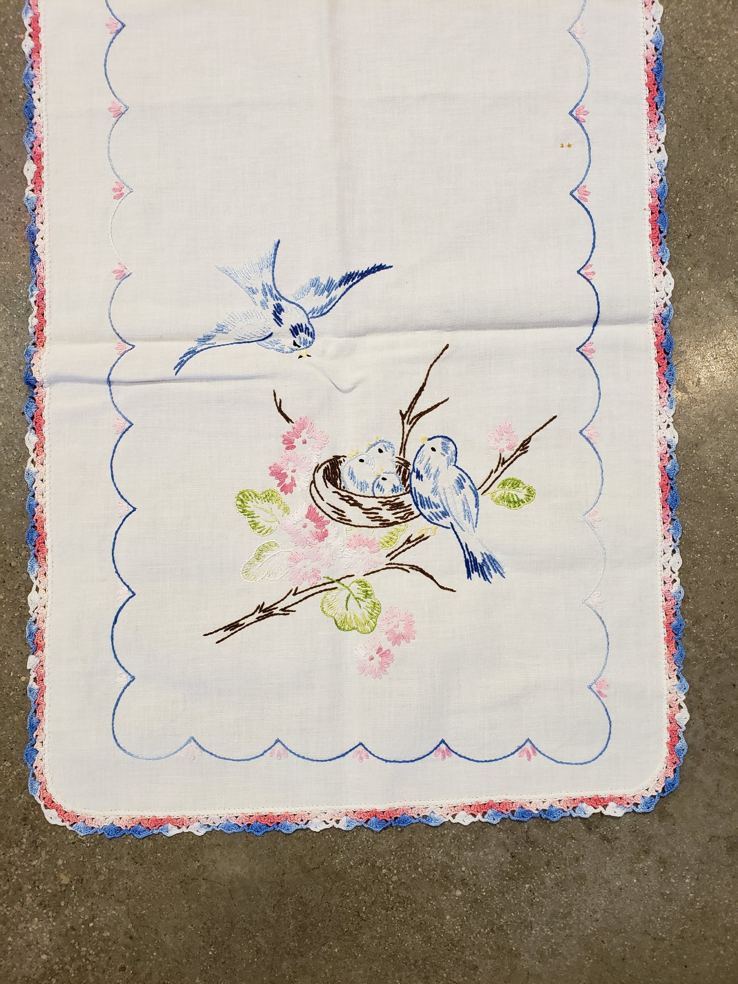 Bluebirds vintage embroidered table runner