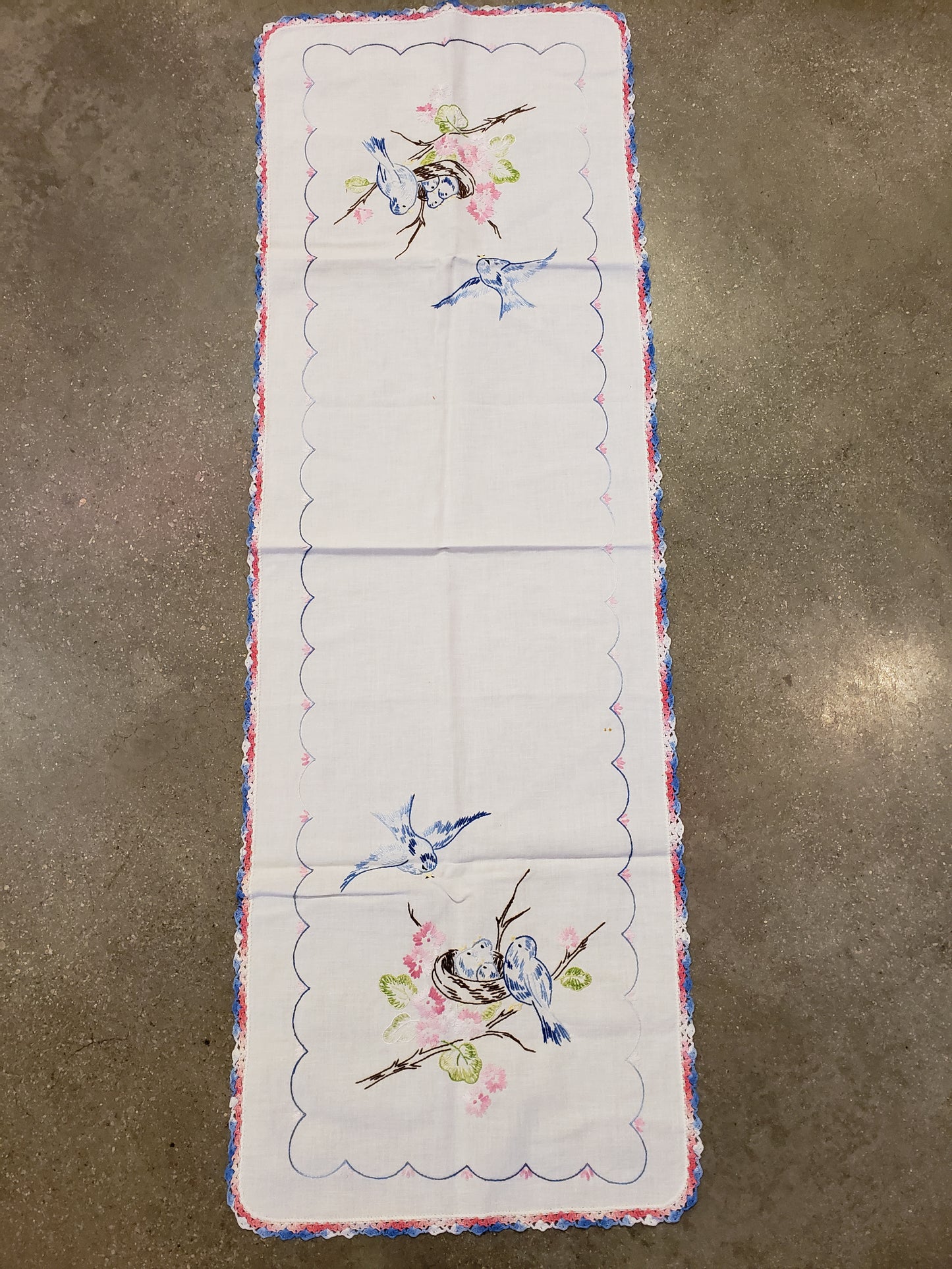 Bluebirds vintage embroidered table runner