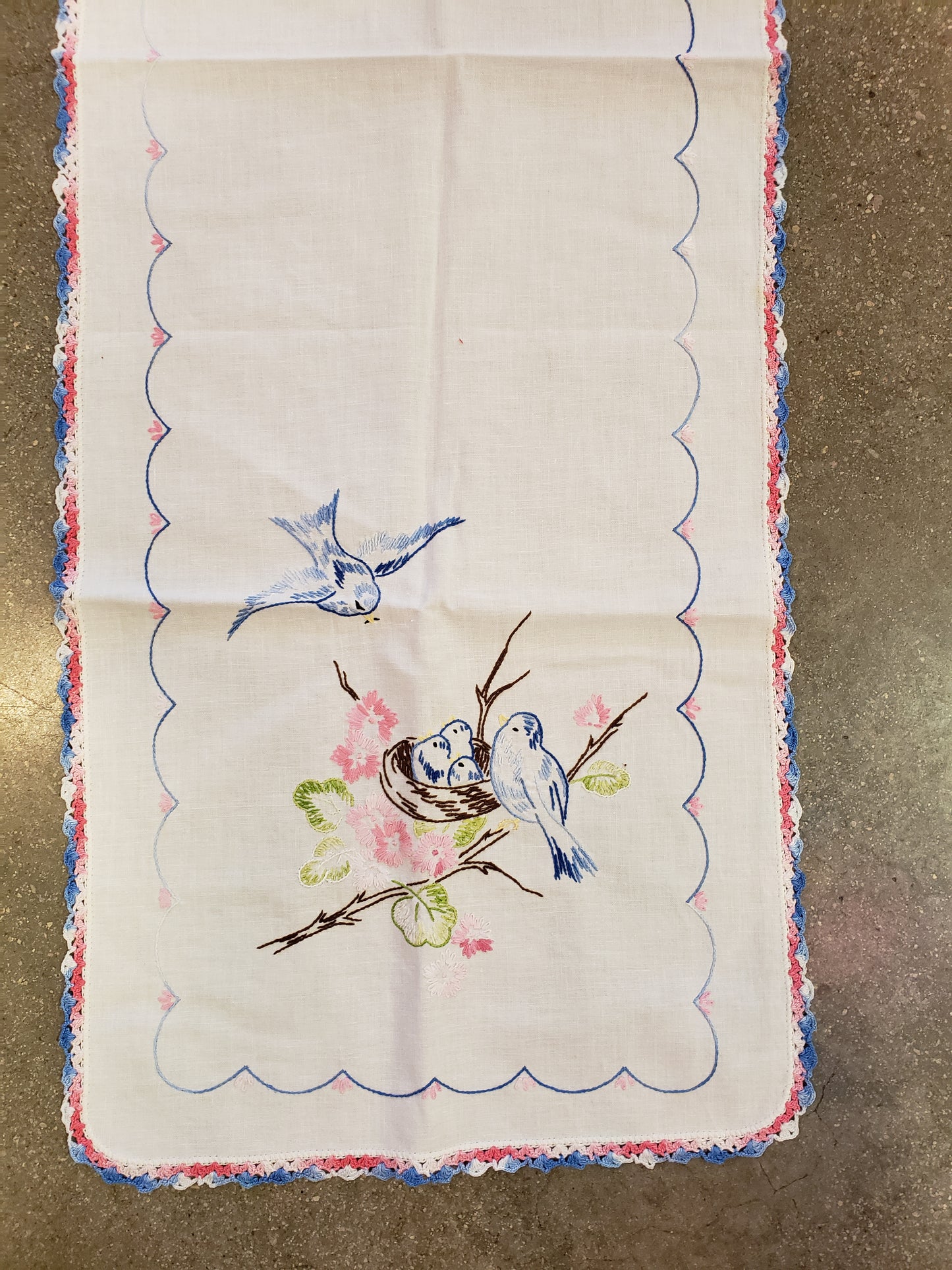 Bluebirds vintage embroidered table runner