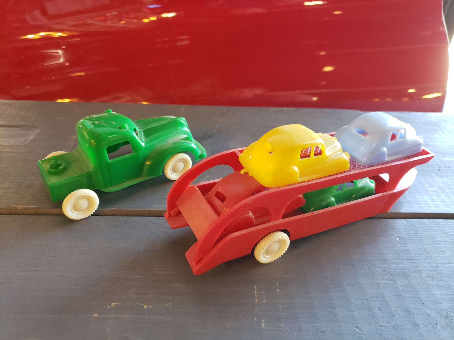 1950's Toy car hauler truck, trailer, 4 cars