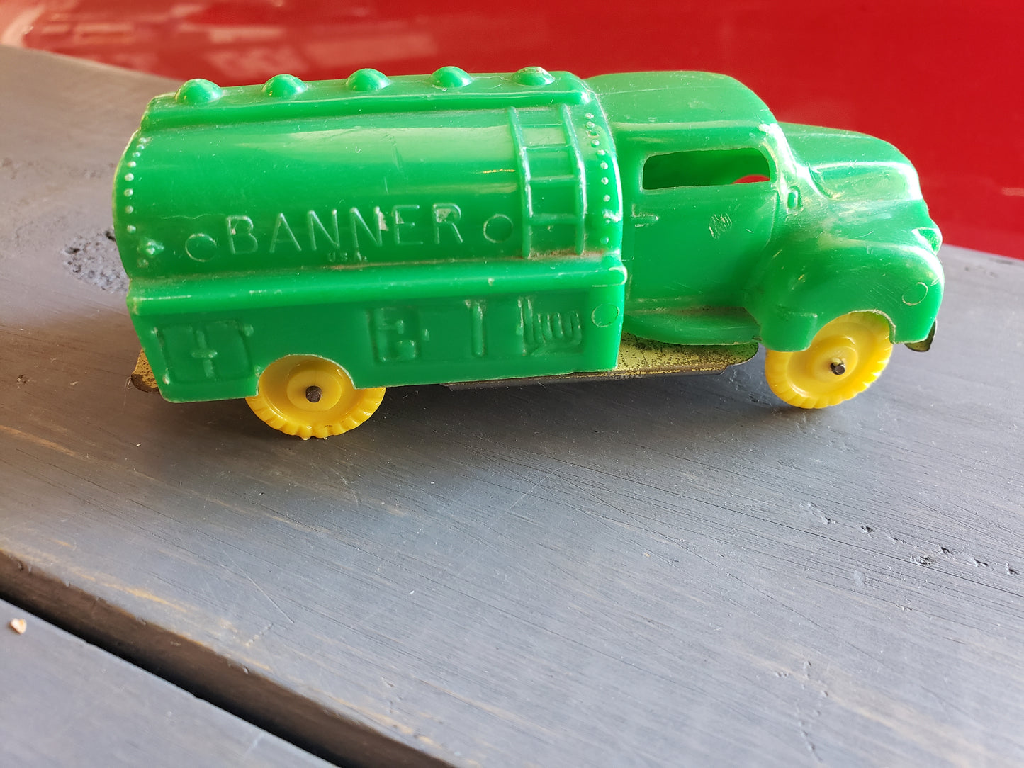 Green BANNER tanker truck 1950s toy