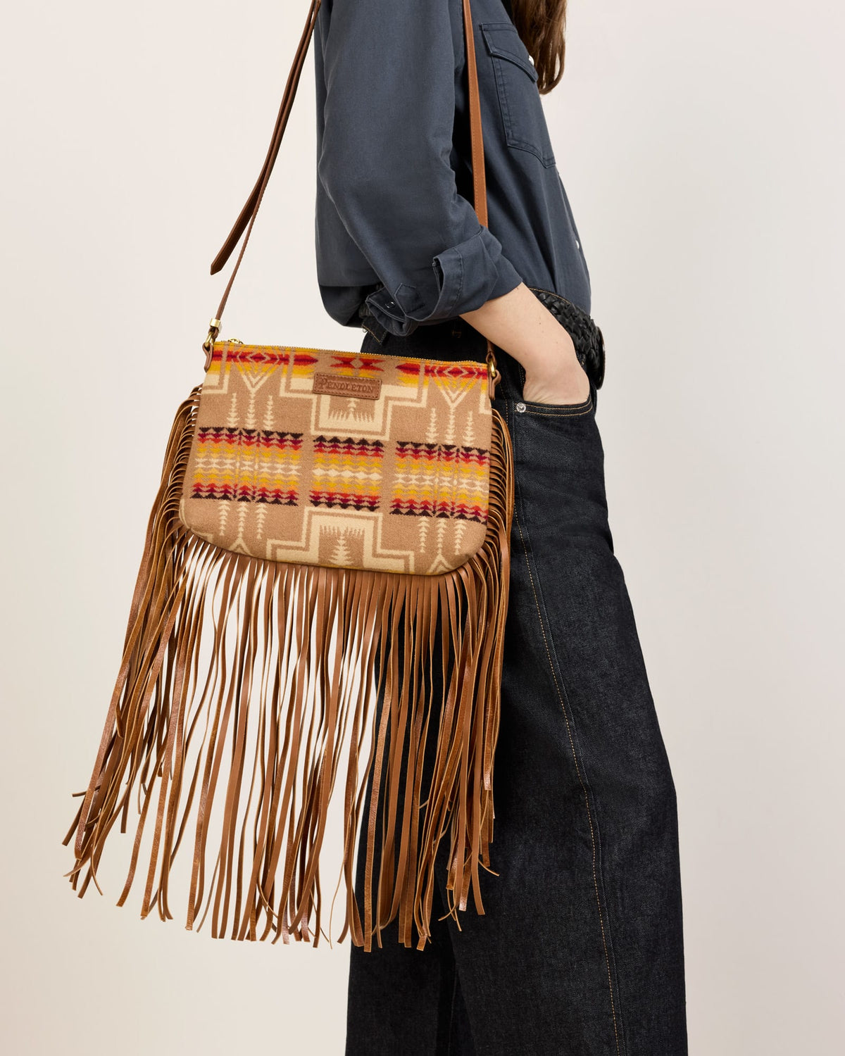 Pendleton Look West Fringed Crossbody Purse in Harding Tan