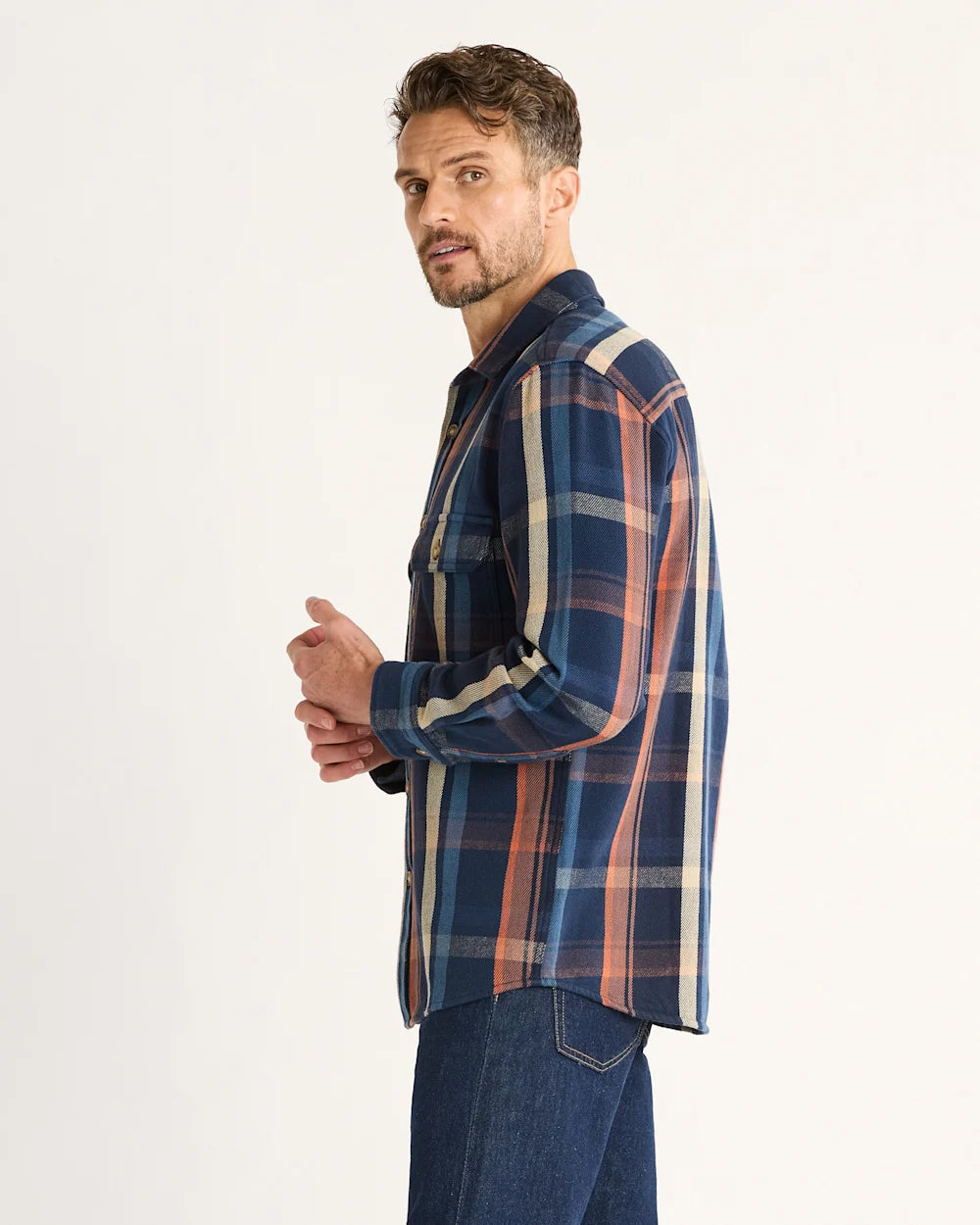 PENDLETON MEN'S PLAID ARCADIA FLANNEL SHIRT-NAVY MULTI PLAID