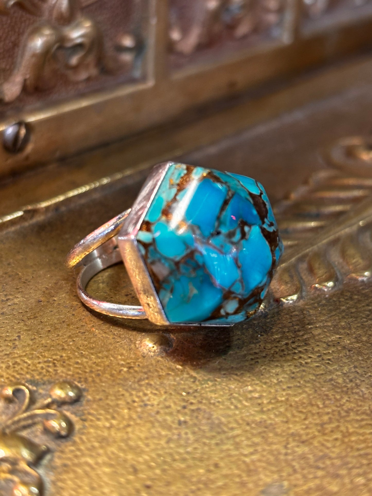 Jay King DTR 925 Sterling Silver Turquoise Bronze Octagon Statement Ring Size 7.5