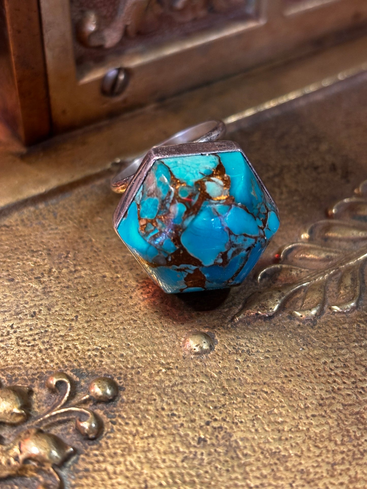 Jay King DTR 925 Sterling Silver Turquoise Bronze Octagon Statement Ring Size 7.5