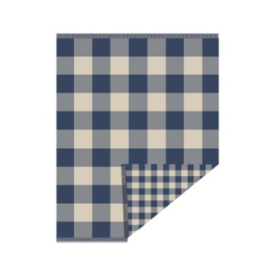 Fringed Organic Cotton Throw Block Plaid Indigo