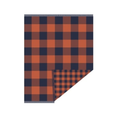 Fringed Organic Cotton Throw Block Plaid Copper/Indigo