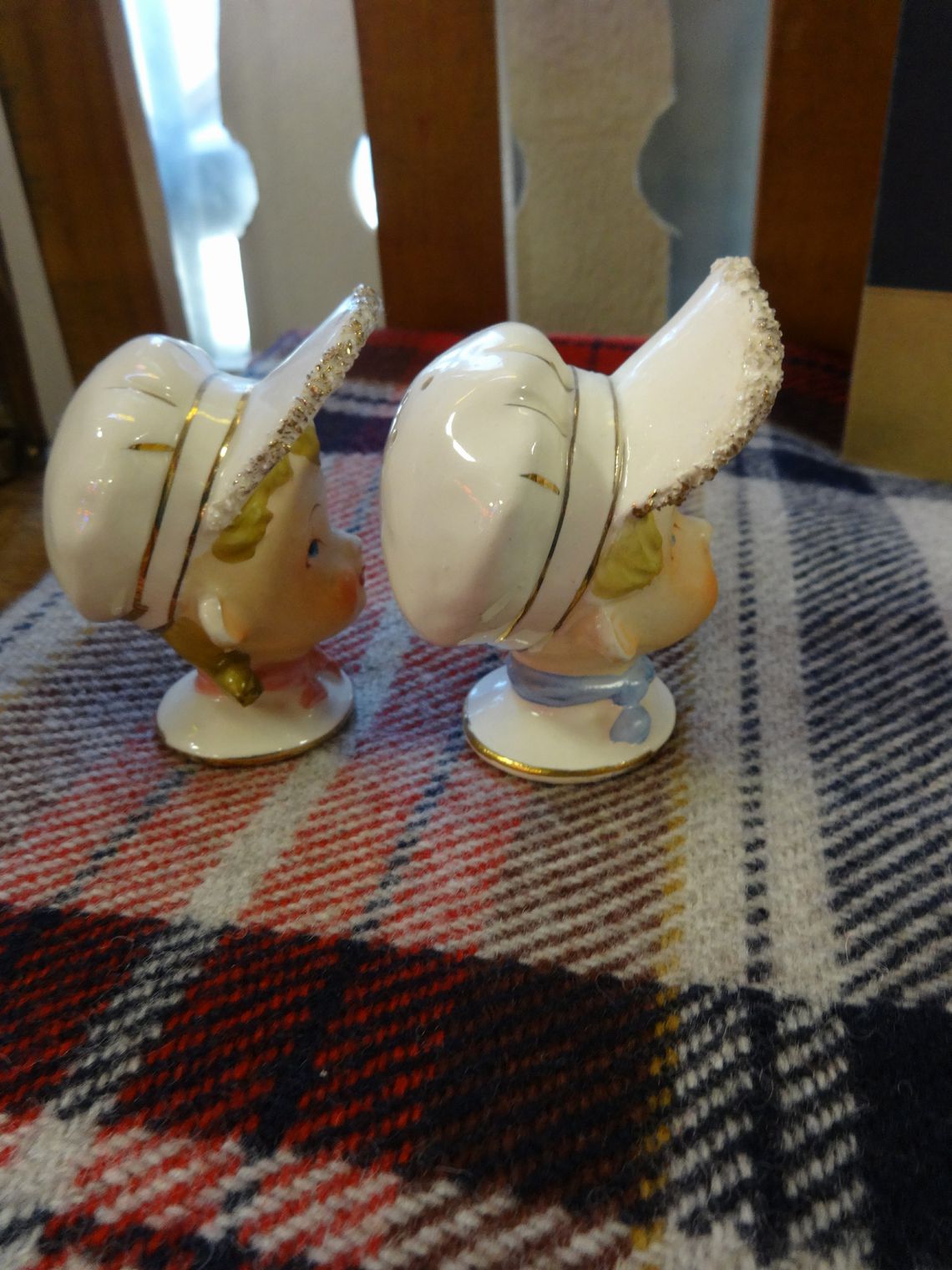 Boy & Girl Faces in White Hats Salt & Pepper Shaker Set