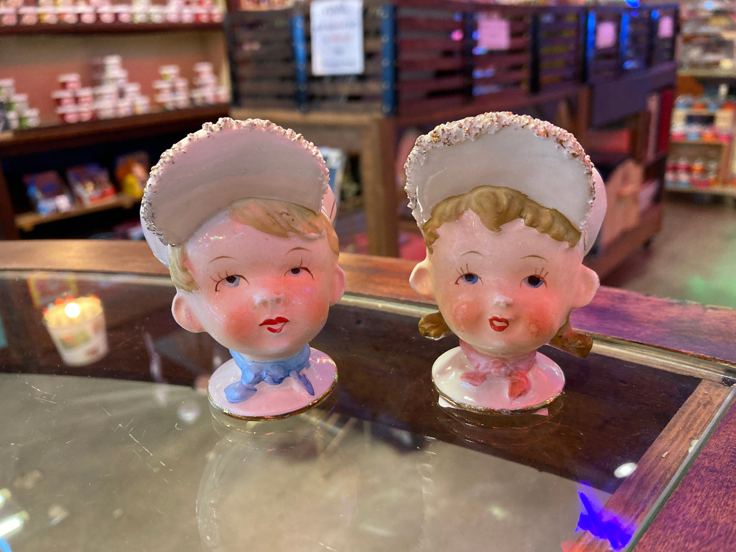 Boy & Girl Faces in White Hats Salt & Pepper Shaker Set