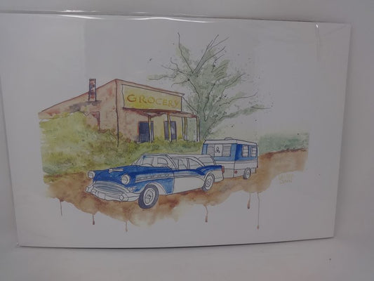 Vintage car and camper, Grocery store watercolor print