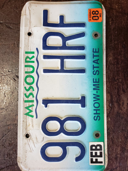 2008 embossed Missouri license plate 981 HRF