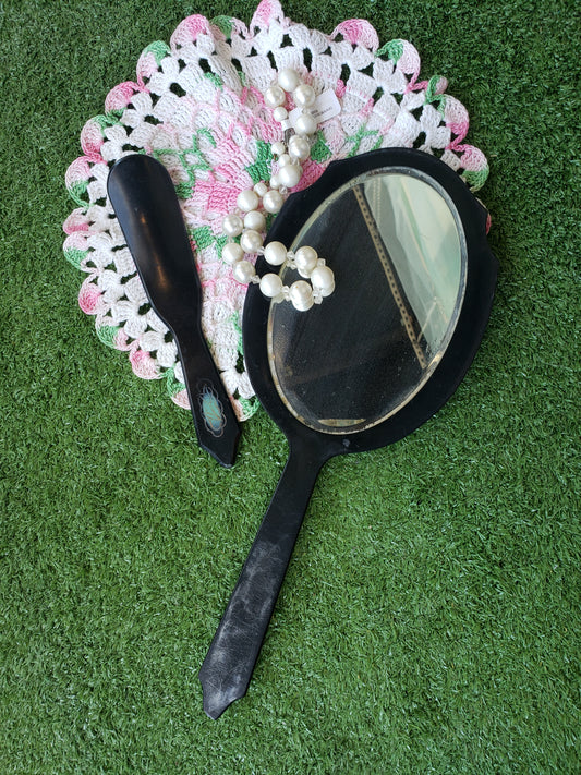 Black celluloid Hand Mirror and shoehorn set