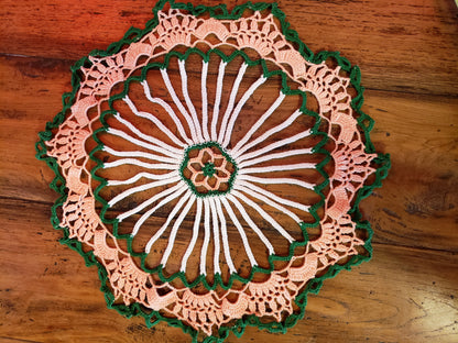 Round White, Green and Peach doily