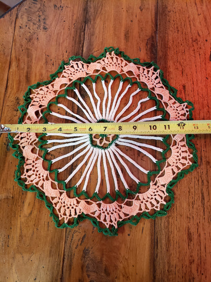 Round White, Green and Peach doily