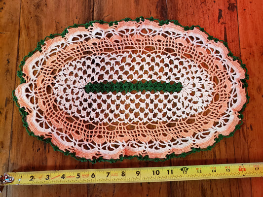 Oval Peach, white and green doily