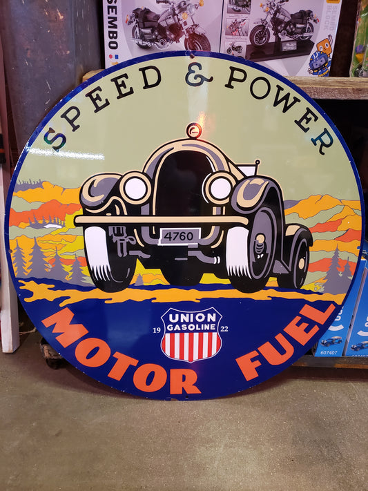 Union Gasoline round 30 inch Vinyl over Steel sign