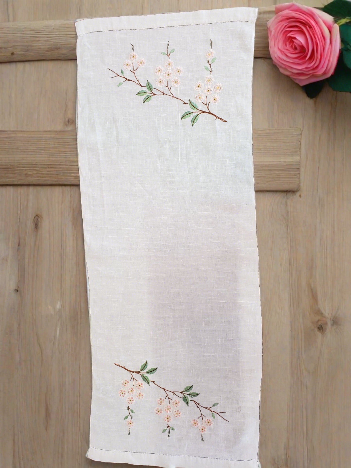 Embroidered apple blossom table runner