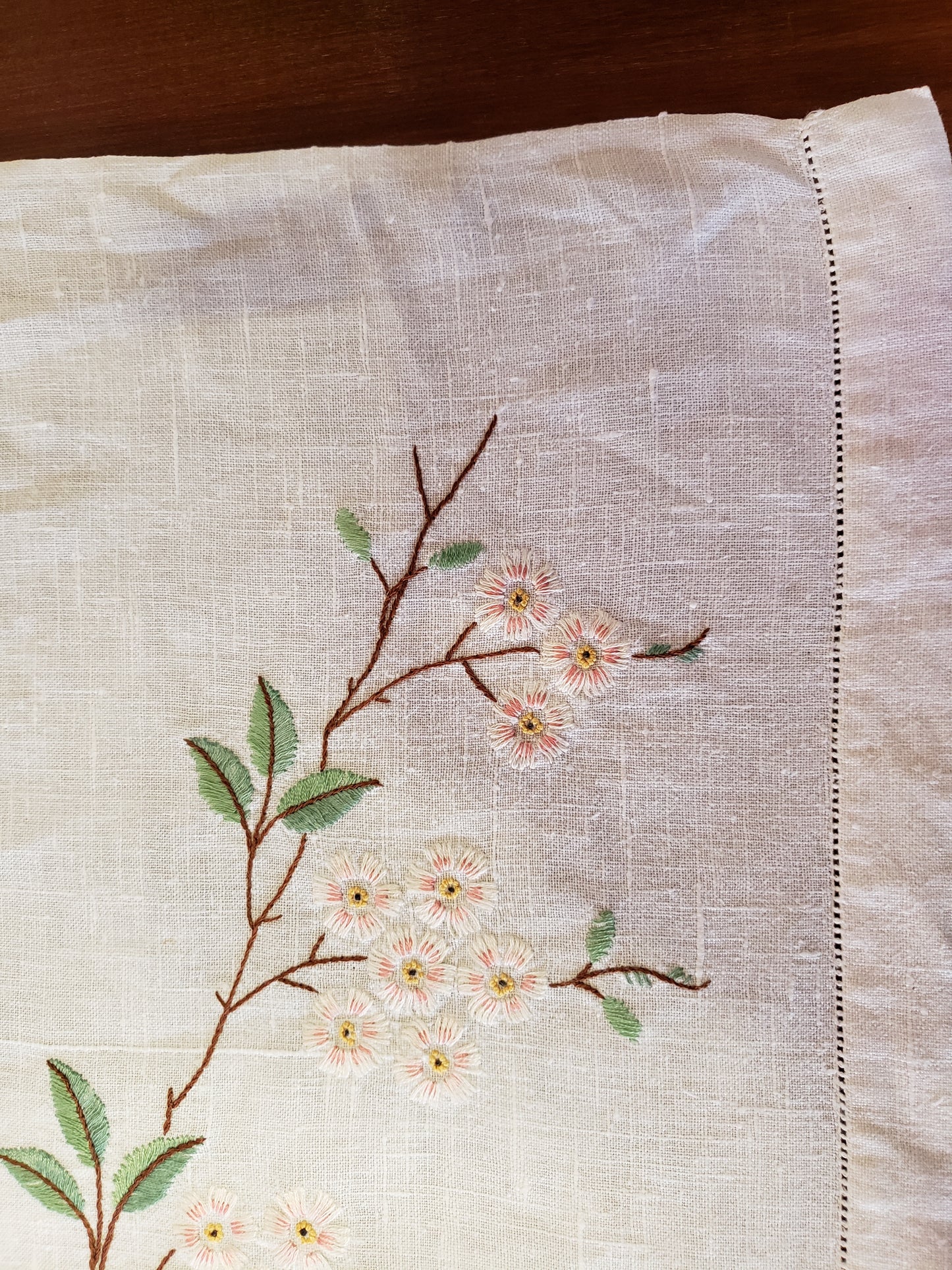 Embroidered apple blossom table runner