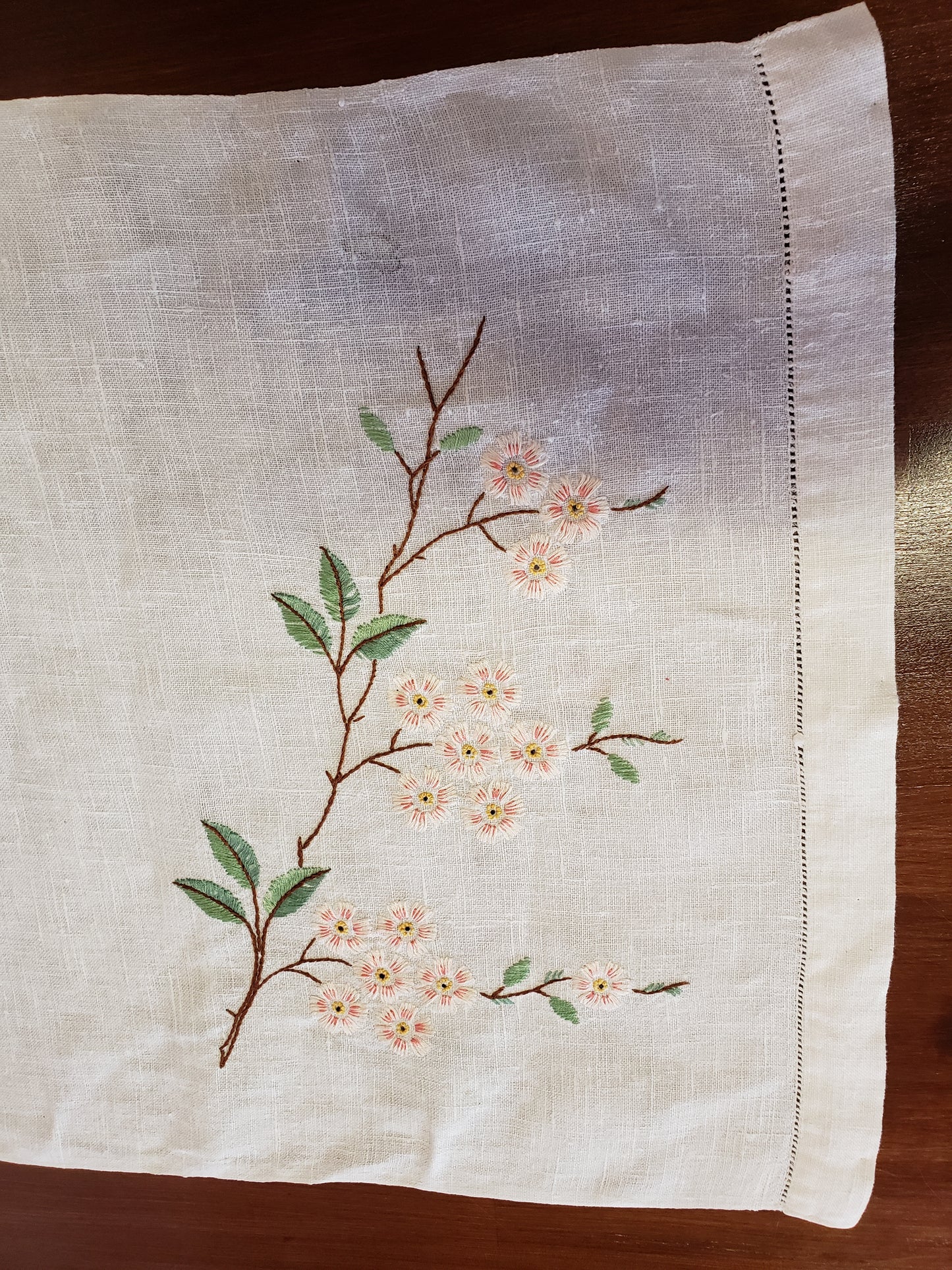 Embroidered apple blossom table runner