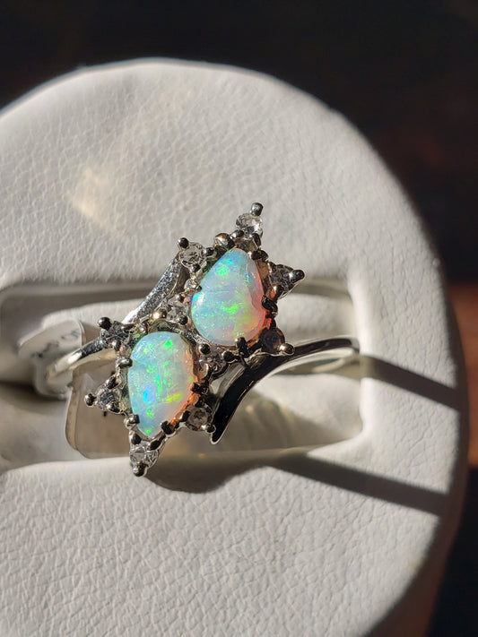 14K White Gold Ring with two Opals and diamonds