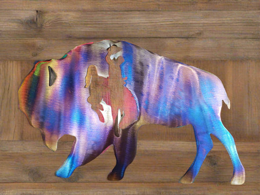 Metal Buffalo with Bucking Horse and Rider Cutout