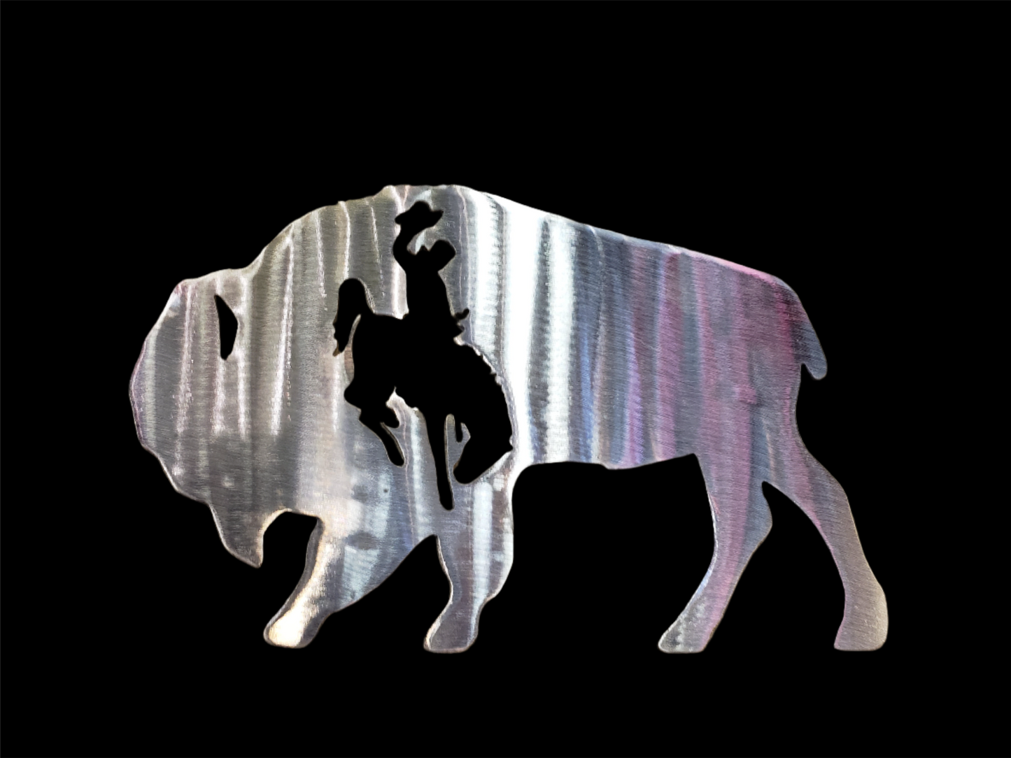 Buffalo with Cutout bucking horse and rider metal wall art