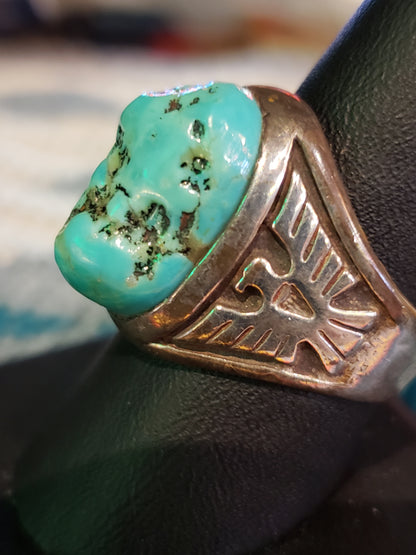 Sterling Turquoise Nugget Thunderbird Ring size 10