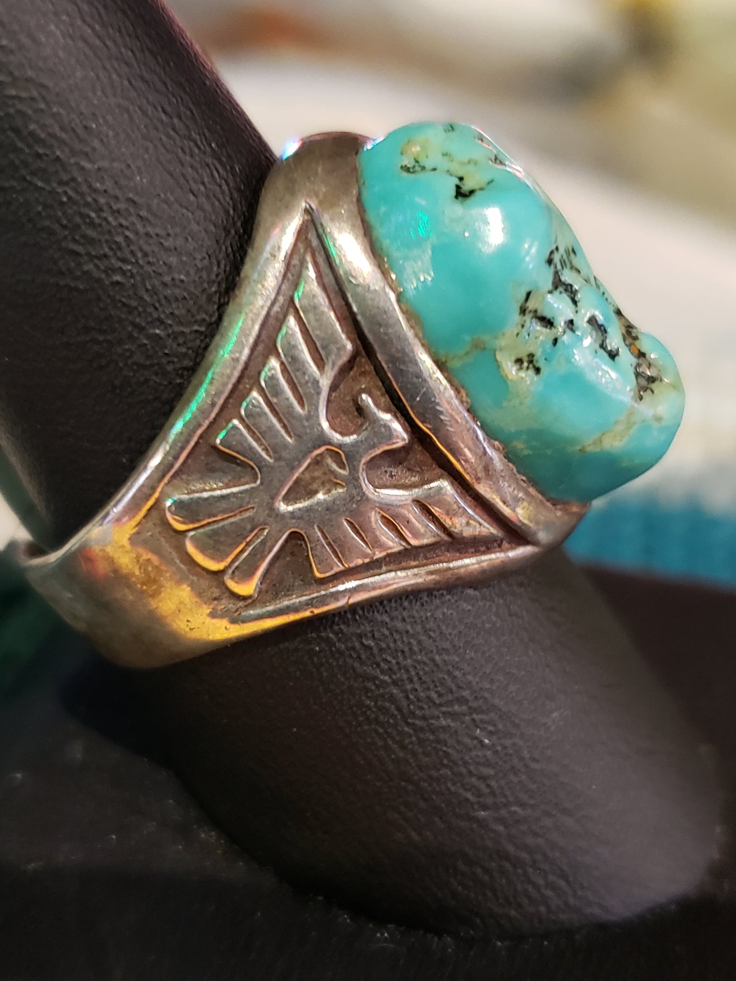 Sterling Turquoise Nugget Thunderbird Ring size 10