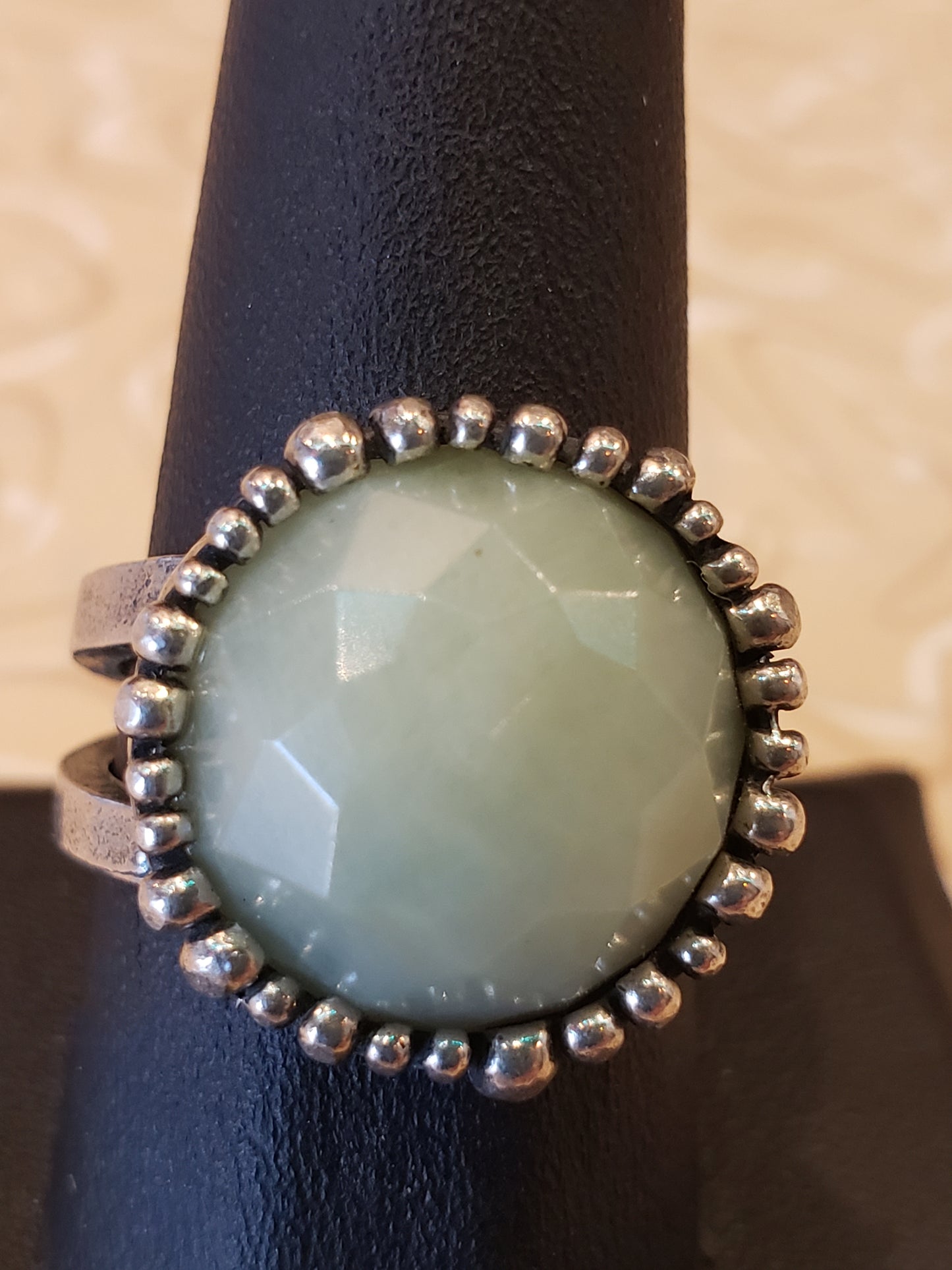 .925 Round seafoam green faceted ring size 9